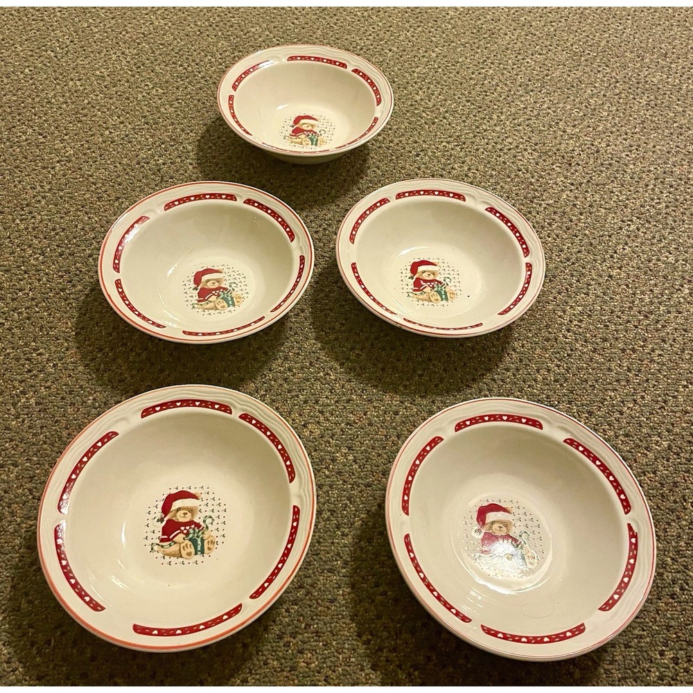 Vintage Tienshan Stoneware Theodore Bear's Christmas Bowl Soup Cereal 7"Set of 5